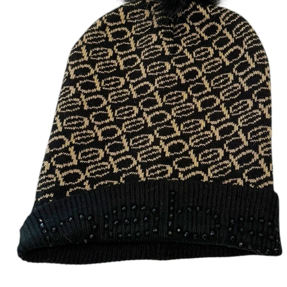 BEBE Logo Black and Gold Stocking Cap and Scarf Set Rhinestone Logo Pom Pom NWOT